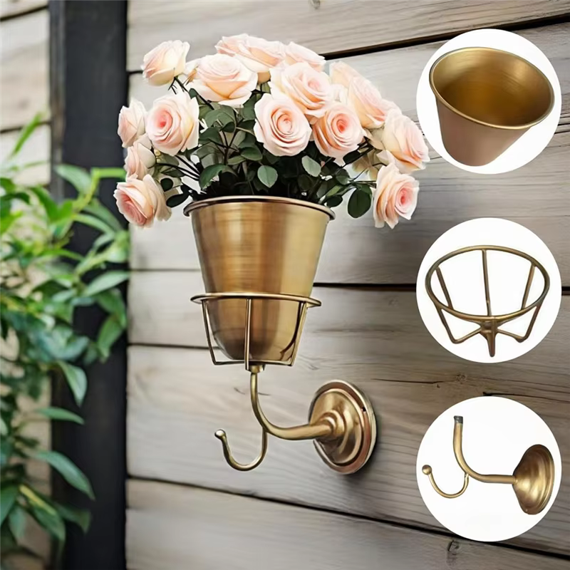 A26F-Vase mural avec jardinière murale en fer avec crochet polyvalent-support pour plantes intérieure/extérieure adapté aux fleurs vivantes ou artificielles