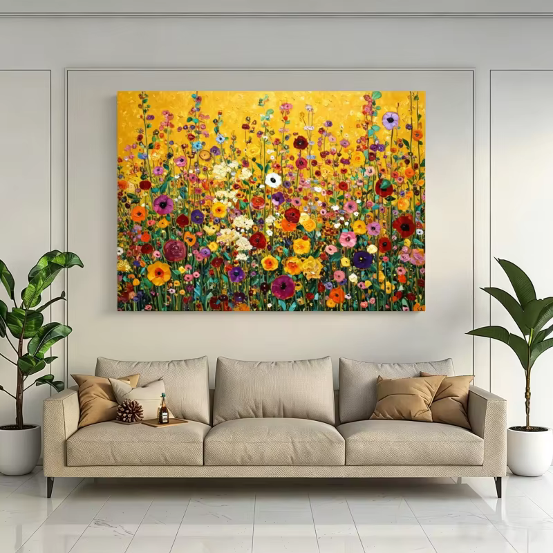 Peinture sur toile de fleurs abstraites, art mural floral vibrant, Gustav Klimt, fleurs sauvages colorées, affiche imprimée pour salon et bureau