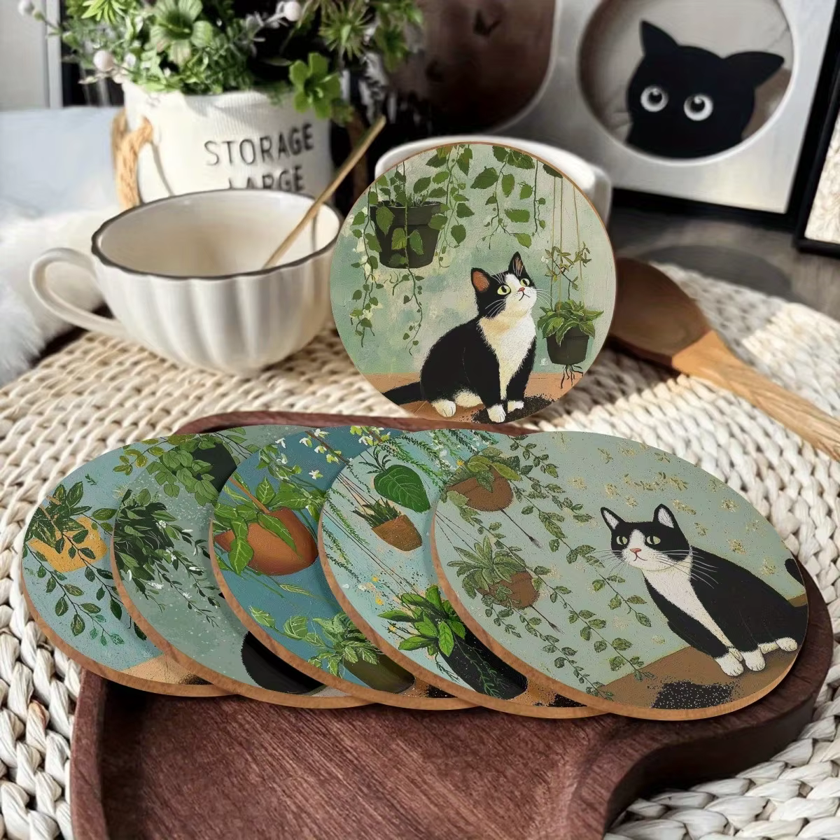 Dessous de verre en bois de plante d'araignée verte de chat de vache de dessin animé 2D-décoration de table ronde cadeau pour les amoureux des chats décor à la maison