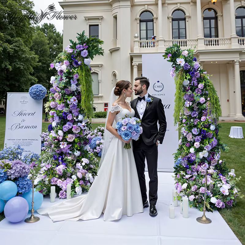 A8728 violet Rose verdure glycine fleur rangée corne arc cadre décor fournitures mariage scène sol Floral Arrangement accessoires