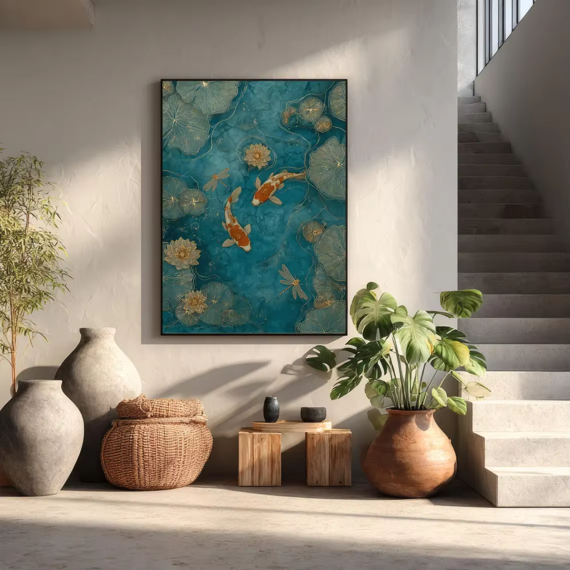 Art mural élégant avec poissons koï – Décoration de bassin vert émeraude