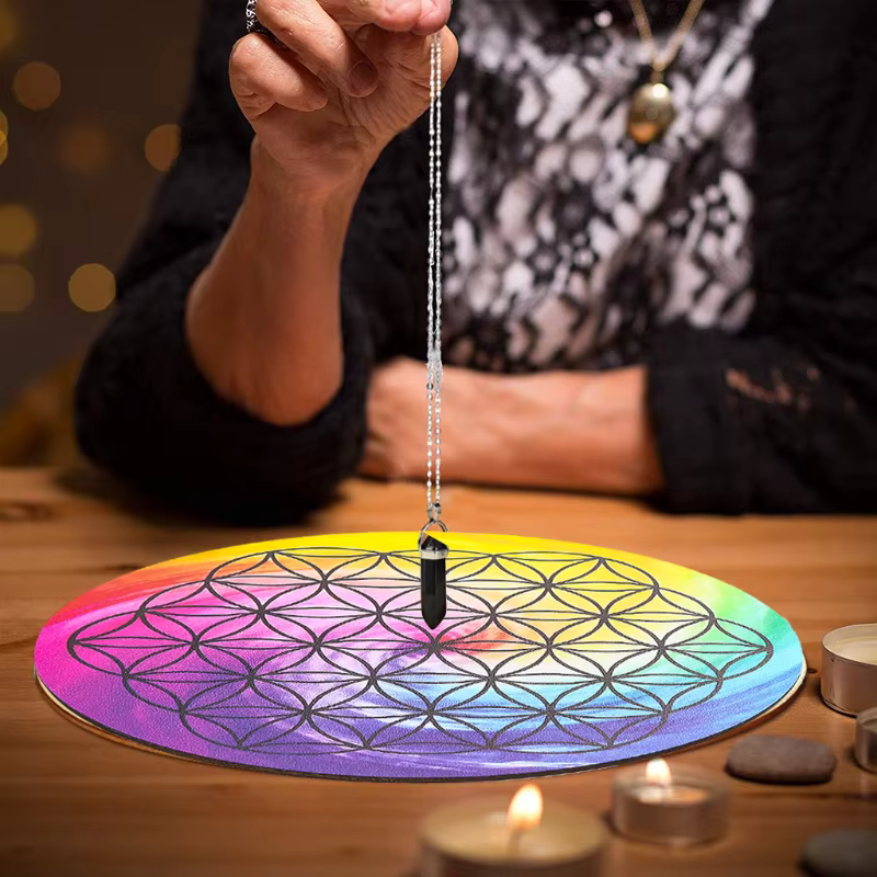 Planche de Mandala arc-en-ciel imprimée fleur de vie, planche de bois, méditation, énergie Reiki, grille en cristal, Base, pendule de guérison, accessoire