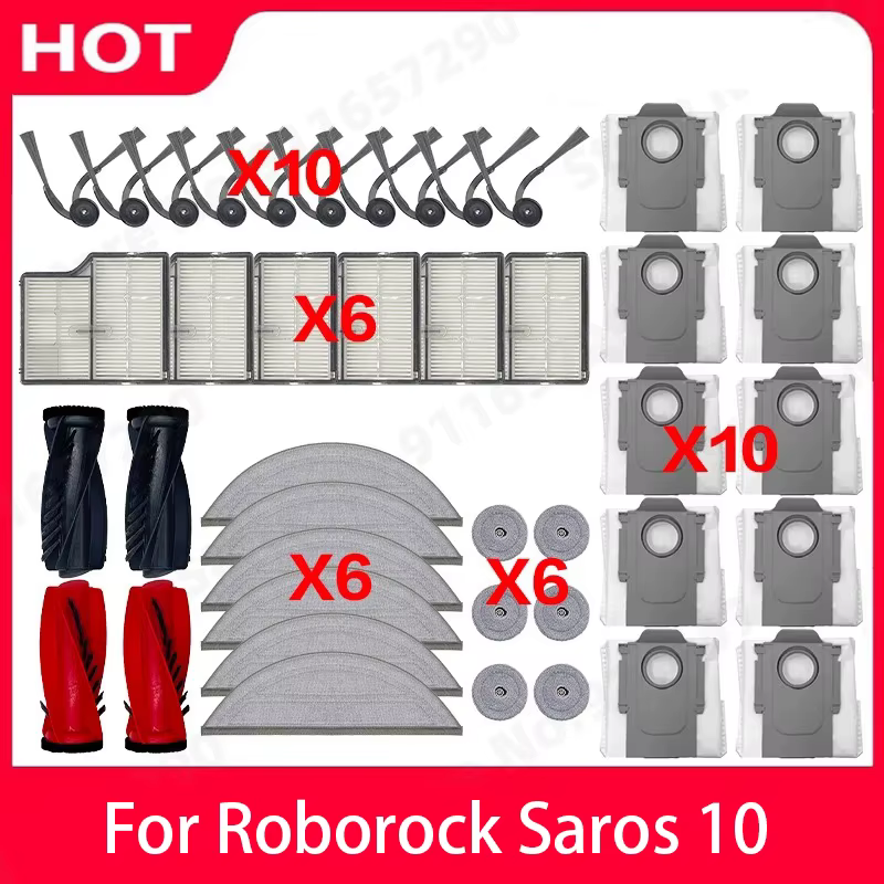 Accessoires Roborock Saros 10 : Brosse principale, brosse latérale, filtre HEPA, chiffon de nettoyage, sac à poussière, pièces de rechange pour robot aspirateur