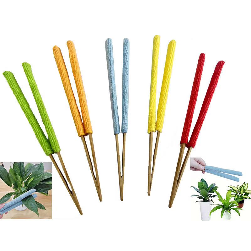 1 pince à feuilles – Brosse de nettoyage manuelle pour plantes vertes avec manche en bambou