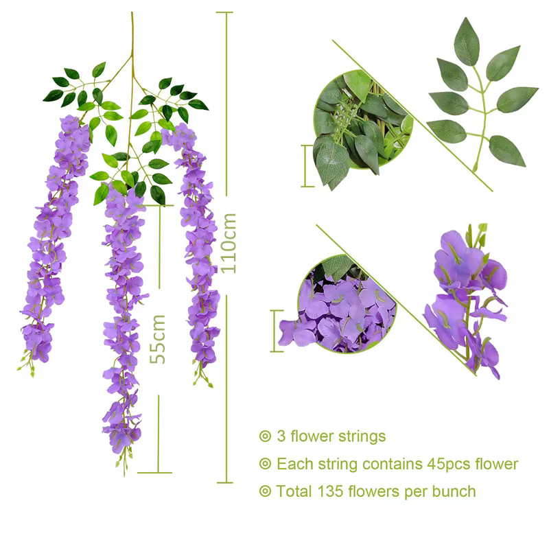 Guirlande de fausses fleurs de glycine artificielles suspendues
