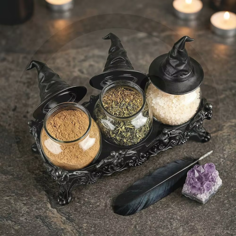 Ensemble de 3 pots à épices gothiques d'apothicaire avec couvercles en forme de chapeau de sorcière, décor de cuisine vintage unique, style Witchcore, ensemble de contenants de rangement pour épices