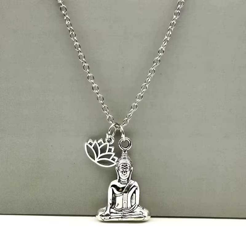 Collier Bouddha, collier fleur de Lotus, couleur argent, pendentif spirituel, cadeau pour ami, hommes femmes, mode llaveros
