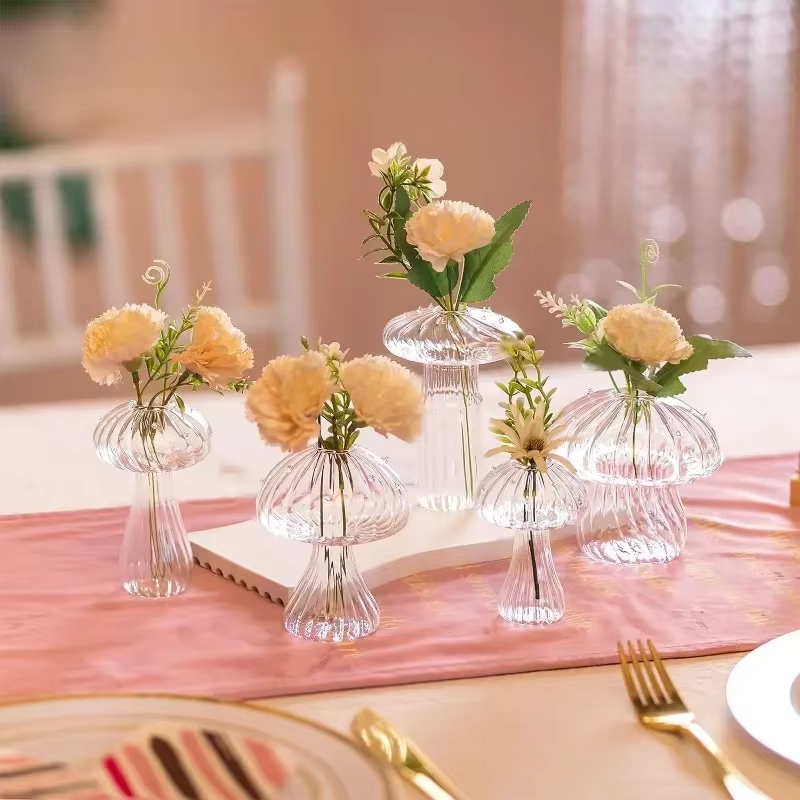 5Pcs Glass Mushroom Flower Vase Cute Colored