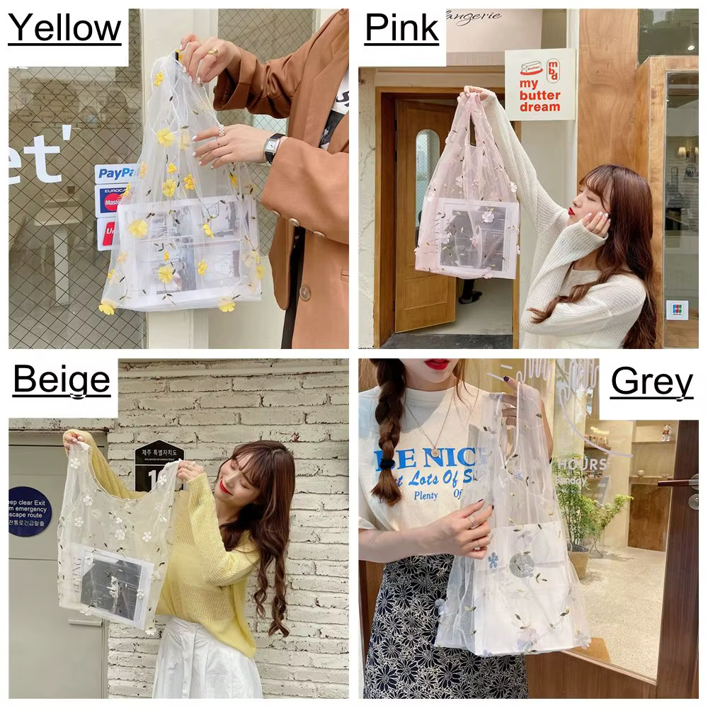 Sacs à main tendance avec broderie florale, sacs à main en maille transparente, sacs de shopping, sacs à usage spécial