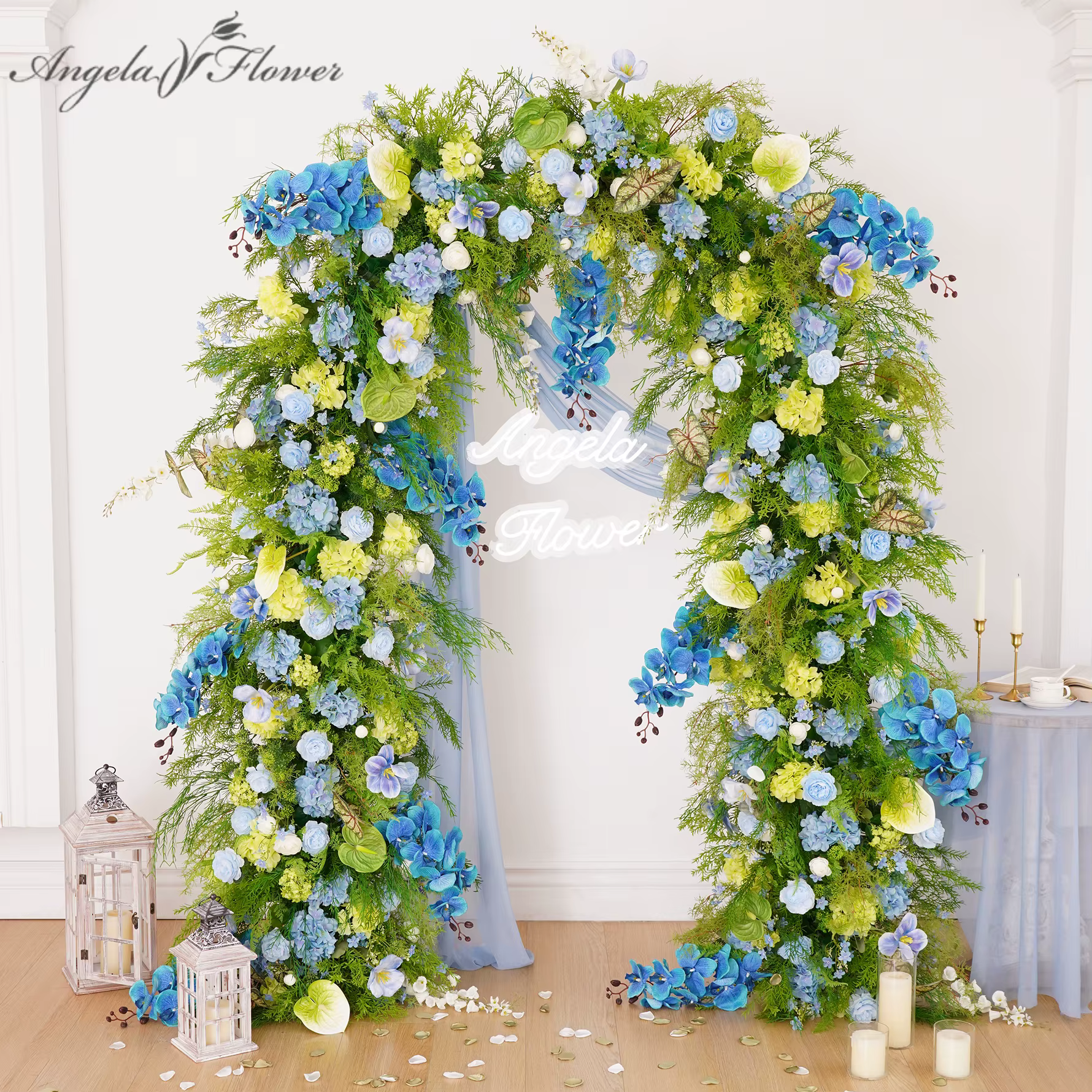 Angela fleur A9016 Mori orchidée bleue Arrangement Floral cadre d'arc de mariage décoration imitation soie Anthuriums rangées de fleurs