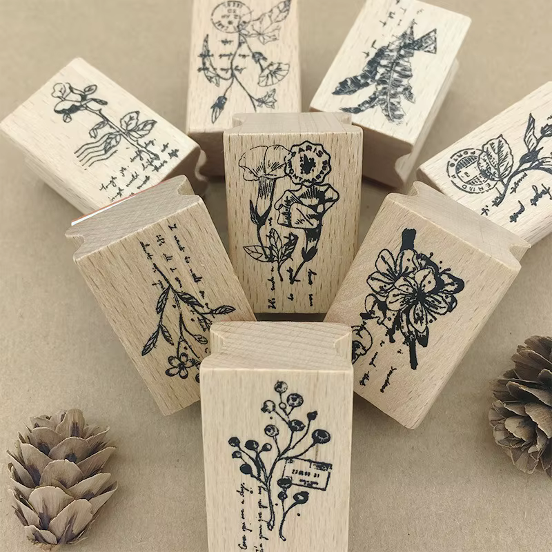 Tampons en bois DIY, motifs plantes et fleurs
