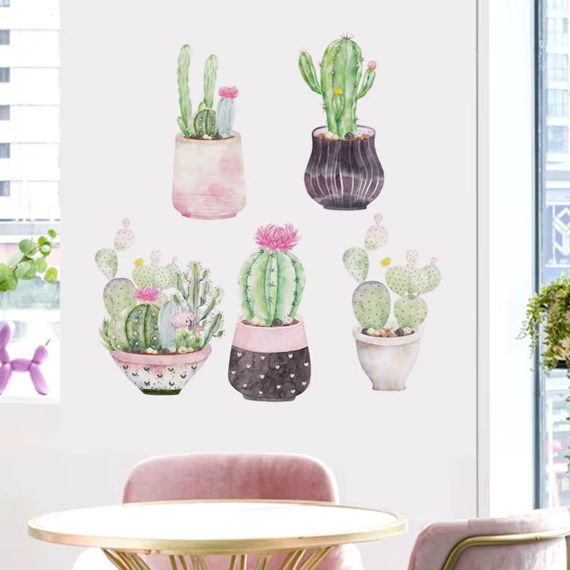 Autocollant mural en forme de cactus vert de dessin animé