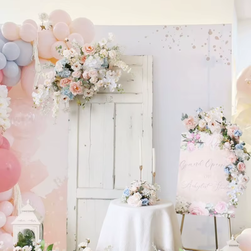 Blush blanc bleu clair fleurs artificielles décoration de mariage Pastel rose coin Swag arc fleur Arrangenmet Table pièce maîtresse