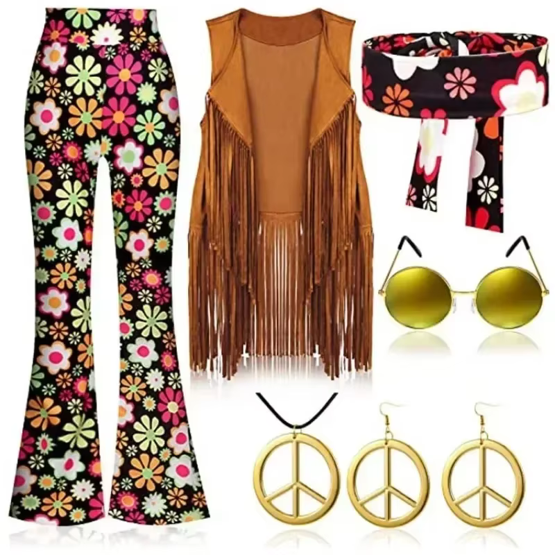 Hippie Disco 60s 70s Cosplay Costume femmes paix amour filles hanche indien glands Hippie gilet Cardigan fête d'halloween