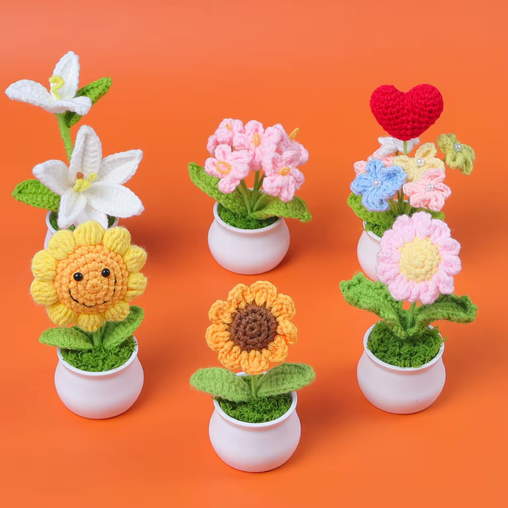 Mini fleurs artificielles tricotées créatives en pot