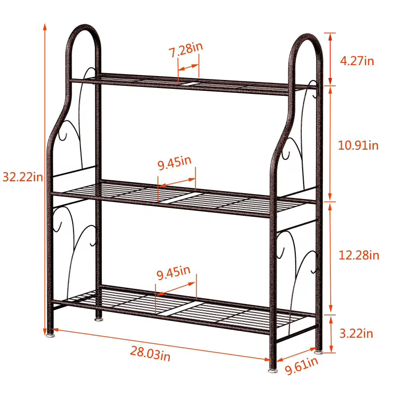 Étagère polyvalente robuste en fer forgé à 3 niveaux – Support de rangement au sol à assemblage facile pour les