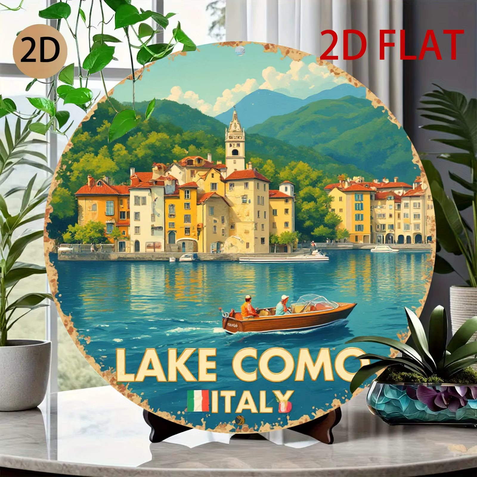 Décoration murale en métal sur le thème du lac de Como en Italie - Plaque en étain rétro