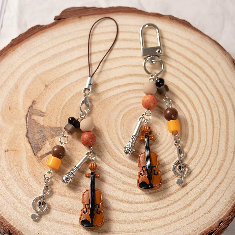 Violon Microphone perle musique porte-clés chaîne de téléphone portable Niche rétro sac pendentif Blackpack lanière accessoire porte-clés cadeaux