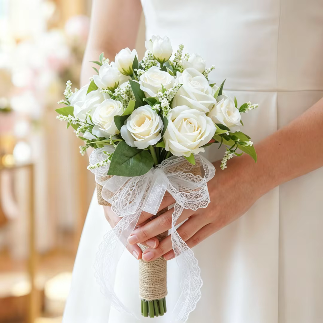 Bouquet de mariée artificiel en roses, en dentelle et toile de jute, fleur artificielle à tenir en main pour mariage, demoiselle d'honneur, séance photo en extérieur