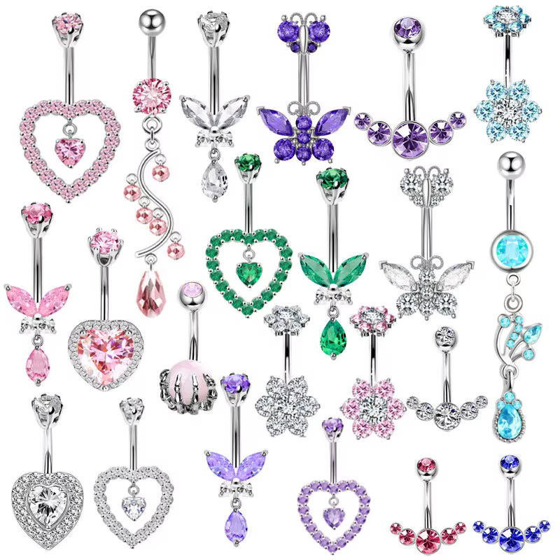 Mode coeur fleur ventre Piercing pour femmes en acier inoxydable CZ papillon nombril Piercing corps bijoux