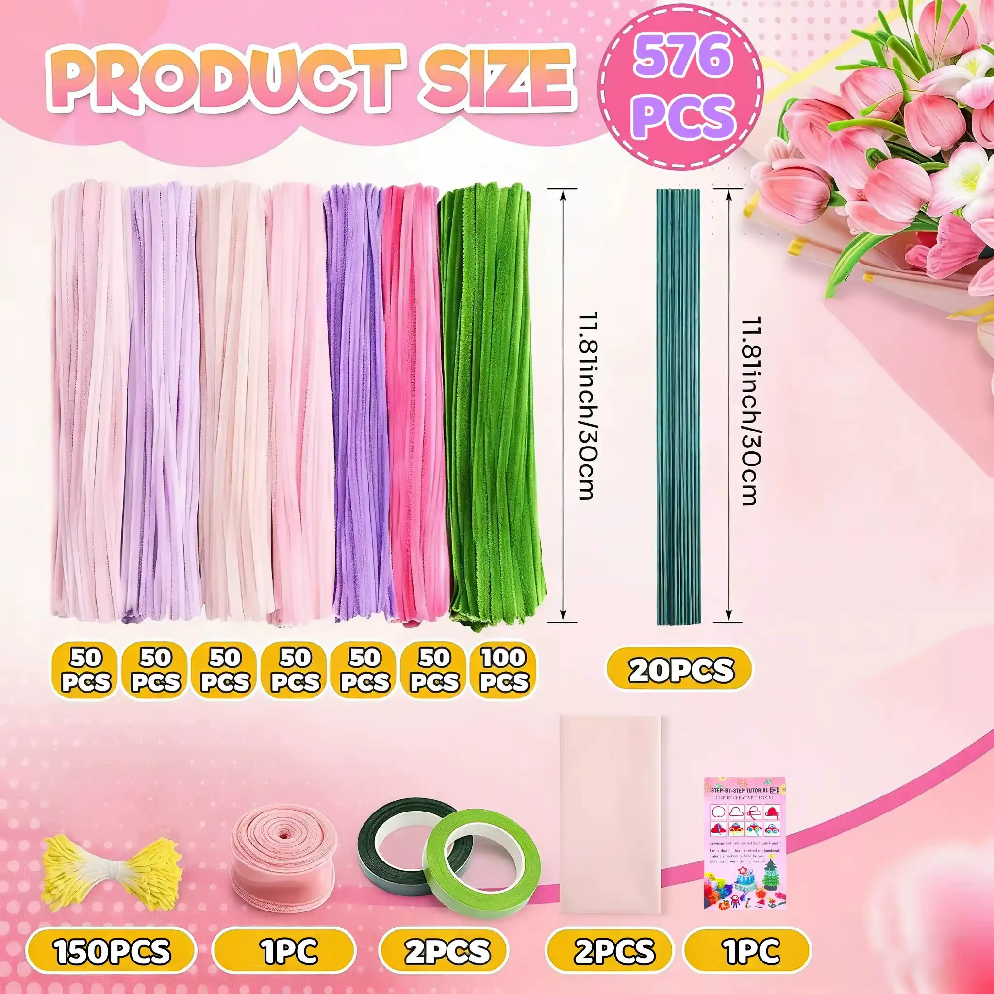 Kit de fleurs artisanales en fil de chenille 576 pièces