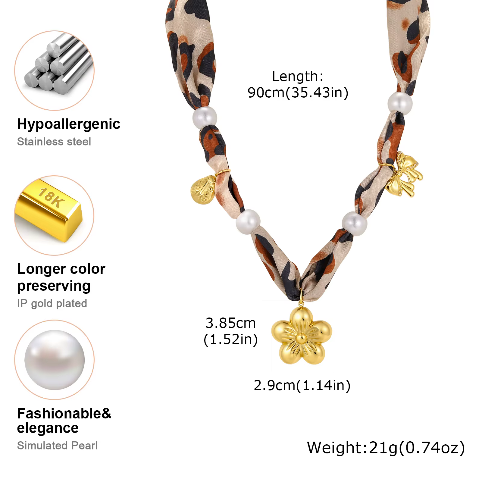 Collier en perles avec ruban léopard pour femmes, breloque florale plaquée or 18 carats, accessoire de mode vintage français