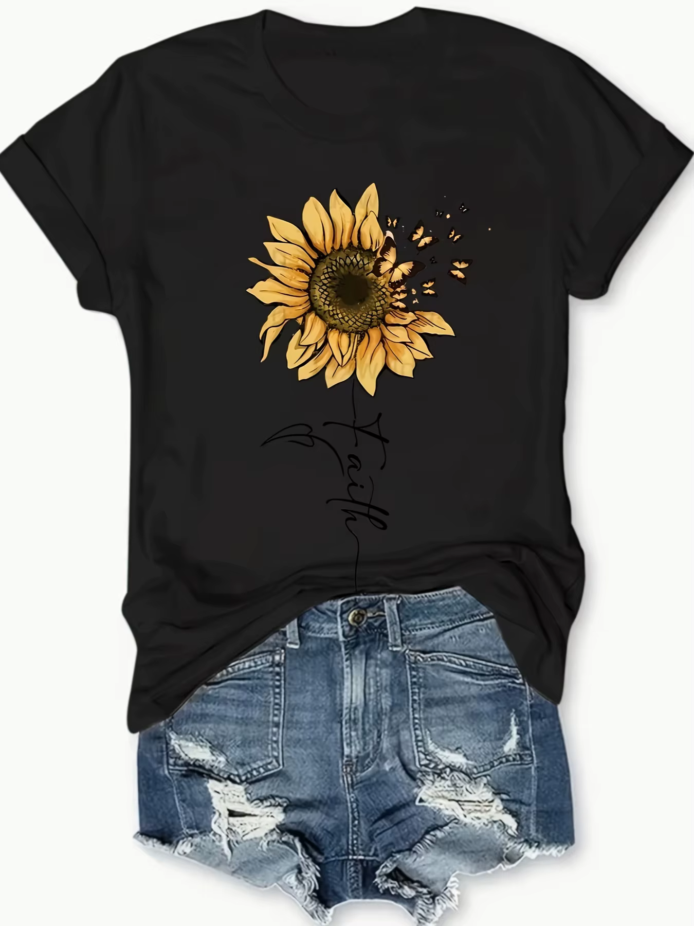 T-shirt graphique tournesol et papillon pour femme – Haut décontracté à manches courtes, parfait pour la mode printemps et été