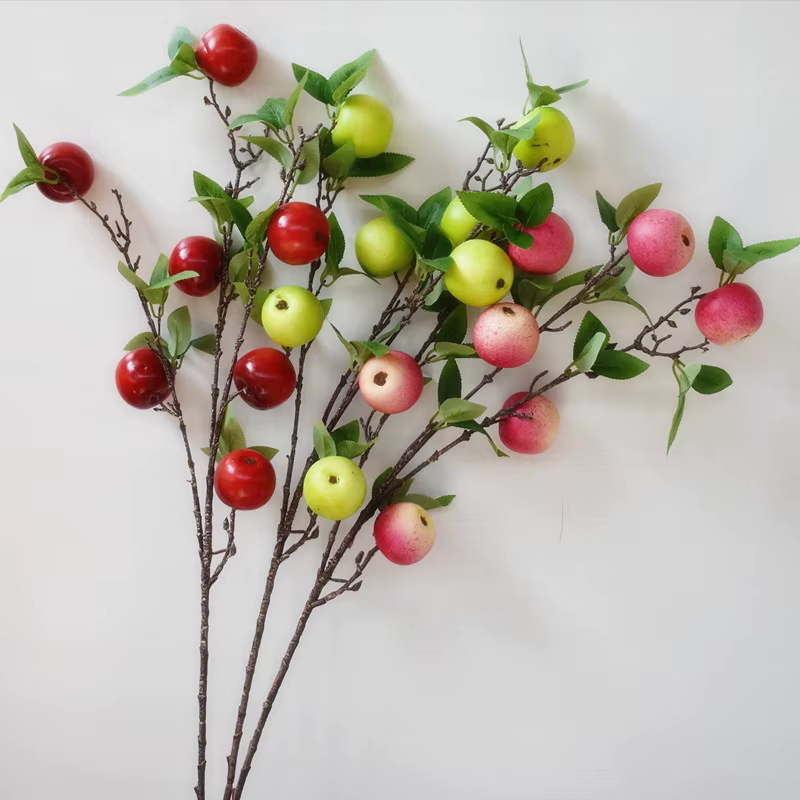 Une branche d'arbre à pommes de grenade artificielle 7 plante verte de fruits de pomme pour la décoration florale murale de fête de mariage