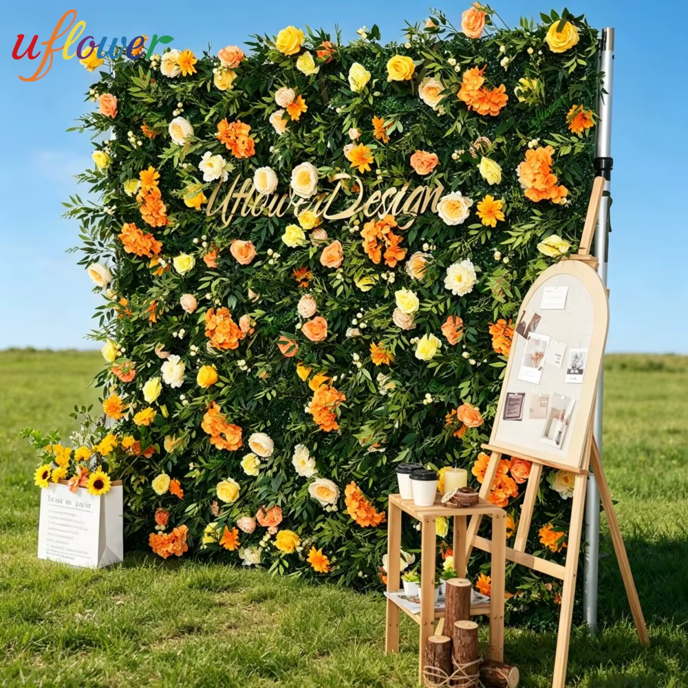 Mur de fleurs artificielles 5D en tissu avec roses orange et feuilles vertes pour décoration de mariage