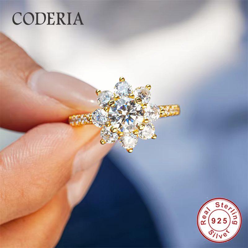 Bagues rondes en argent S925 tournesol, couleur D 1CT VVS1 3EX, bague Moissanite plaquée avec bande de doigt en or 14K, bijoux de mariage