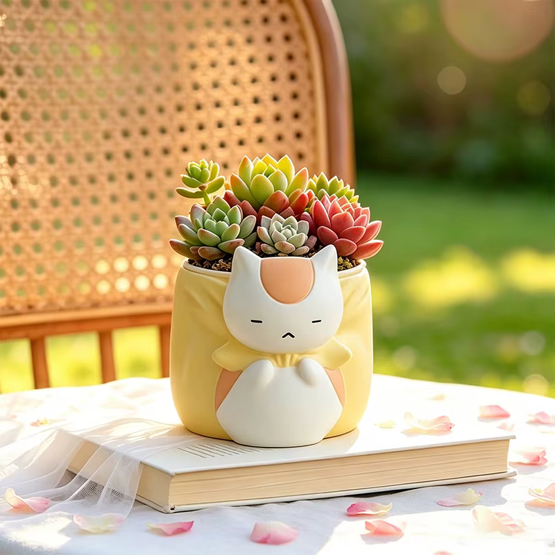 Pot de fleurs en résine chat bouffon endormi