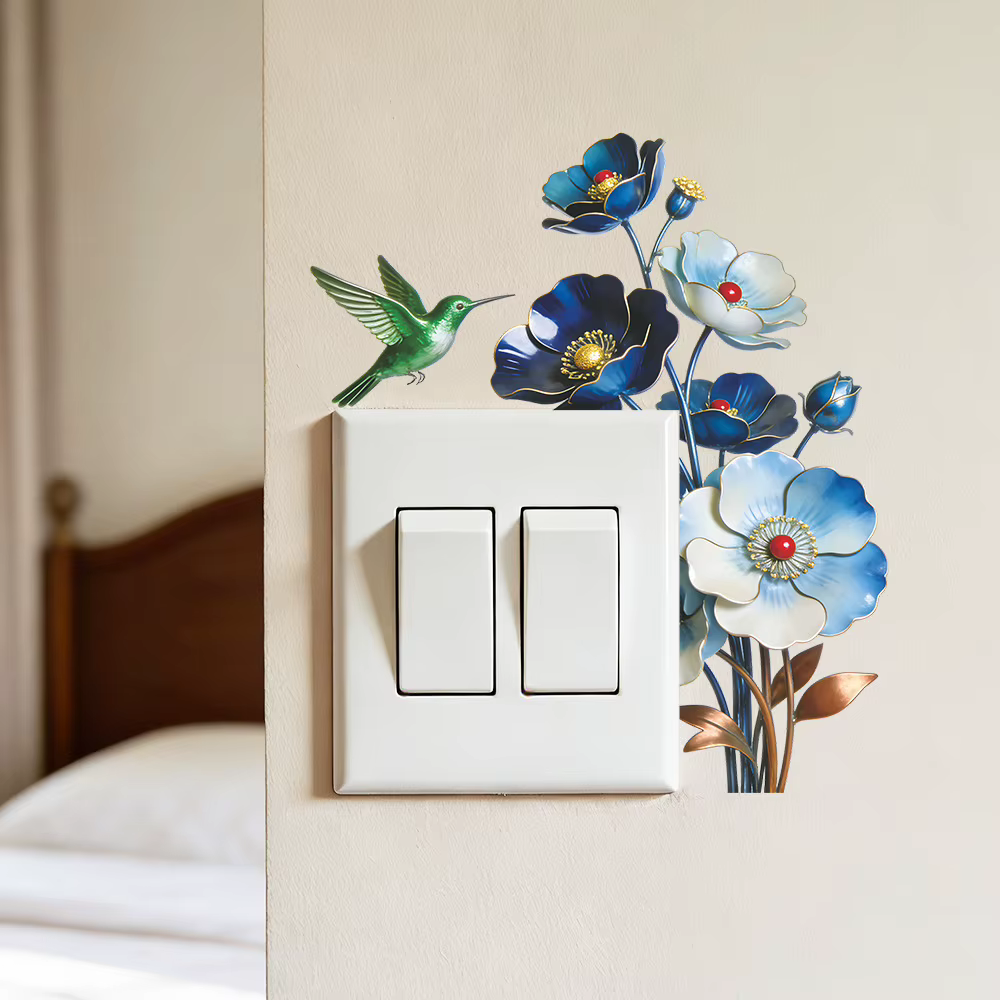 Autocollant mural amovible imperméable à l'eau avec fleurs bleues romantiques pour chambre à coucher