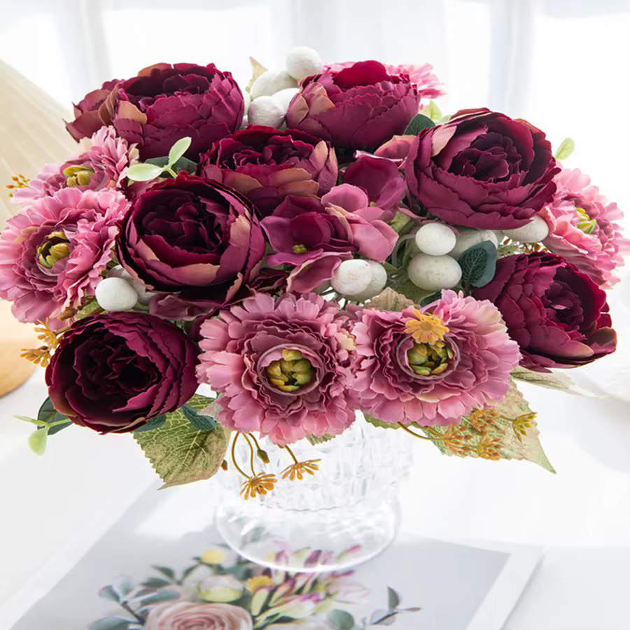 Fleurs artificielles Vénus rose Bouquet Soie