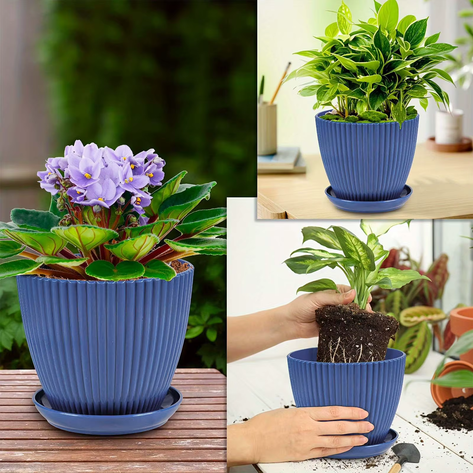 Pot de fleurs vertical rayé épaissi en plastique non-céramique avec soucoupe