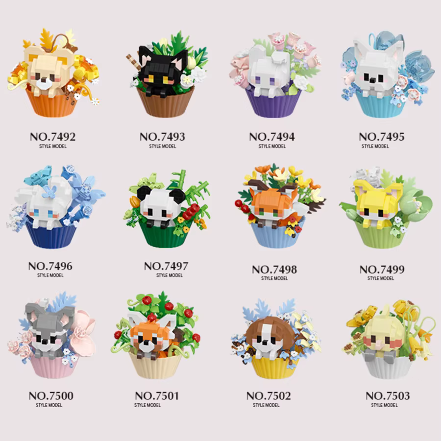 Ensemble de blocs de construction d'animaux et de plantes en pot