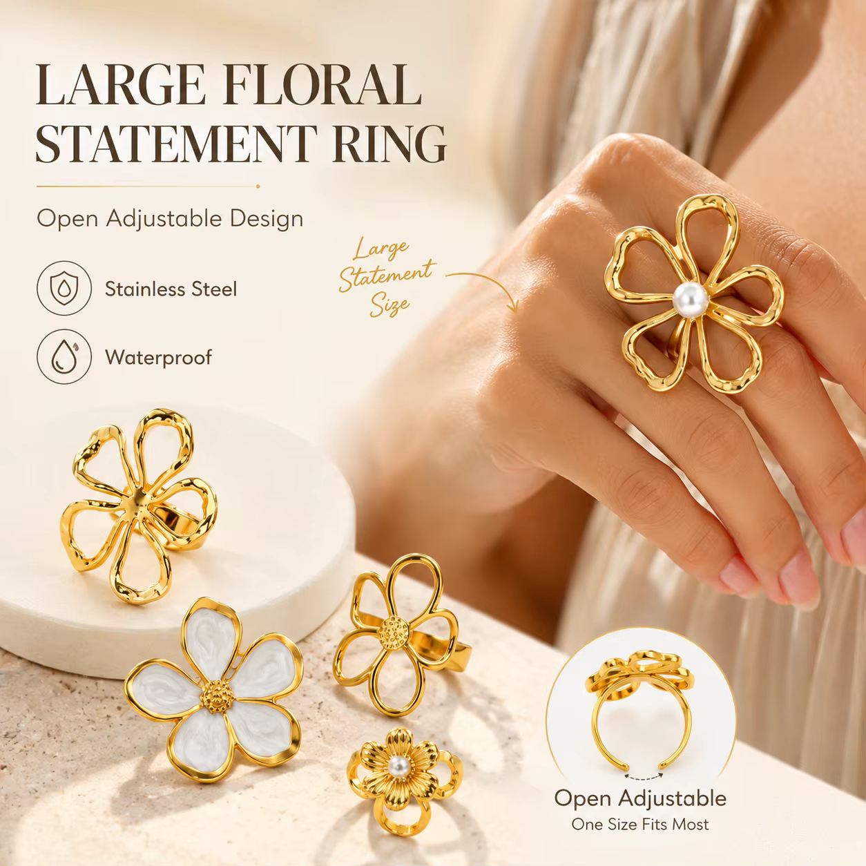 Bagues fleuries, style vintage français, plaqué or 18 carats, grande bague florale ajourée, bijou esthétique ouvert et ajustable pour femme