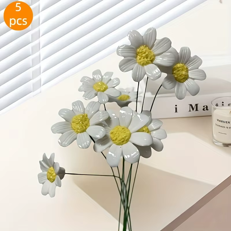 5 fleurs en céramique, marguerites artificielles
