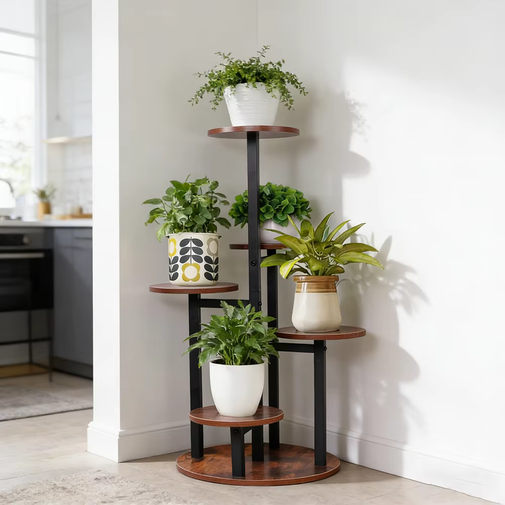 Support à plantes rustique à 5 niveaux en bois et métal - Étagère à fleurs multi-niveaux pour intérieur
