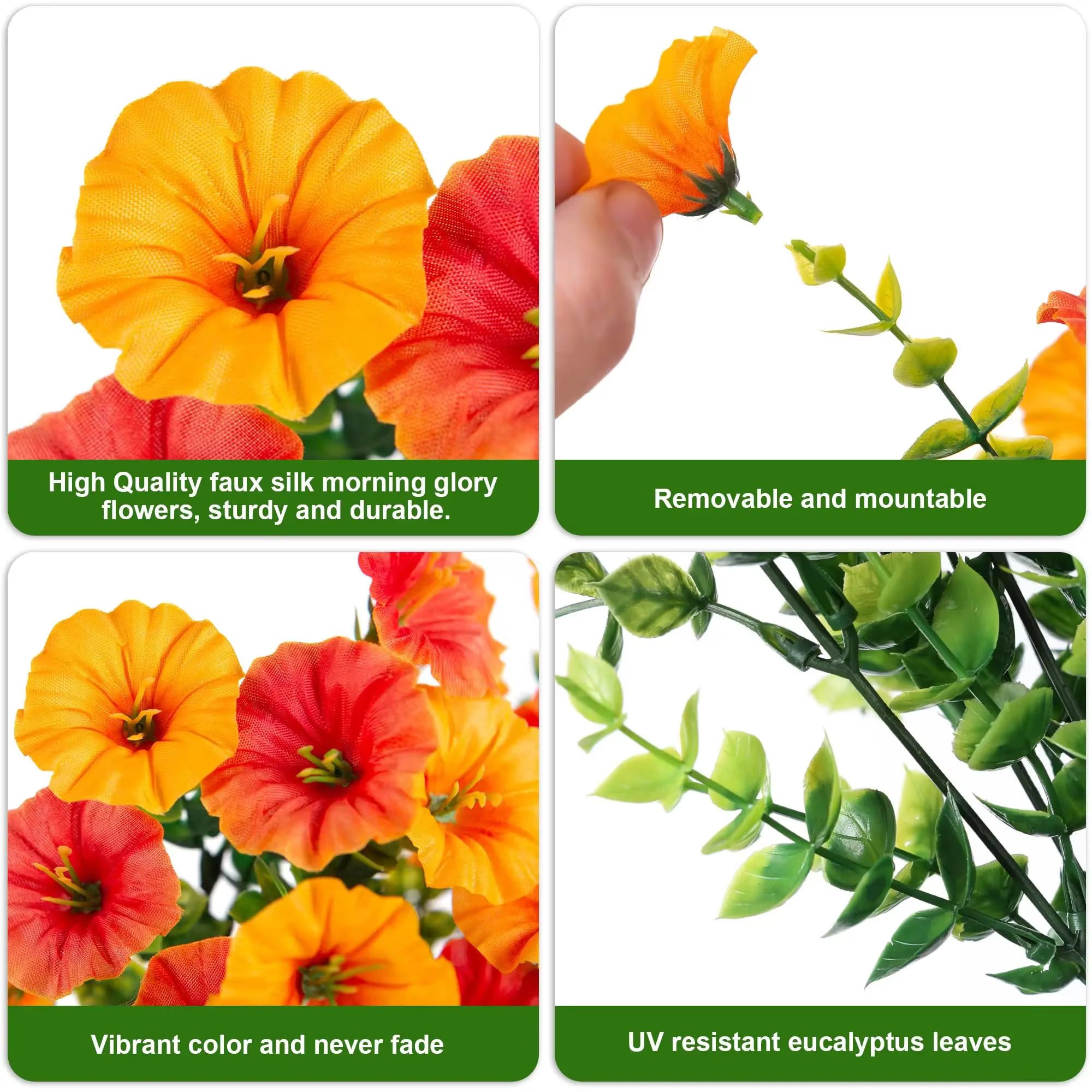 2 pièces fleurs artificielles suspendues fausses plantes extérieures soie matin gloire fausse fleur avec feuilles d'eucalyptus pour la décoration de jardin de la maison