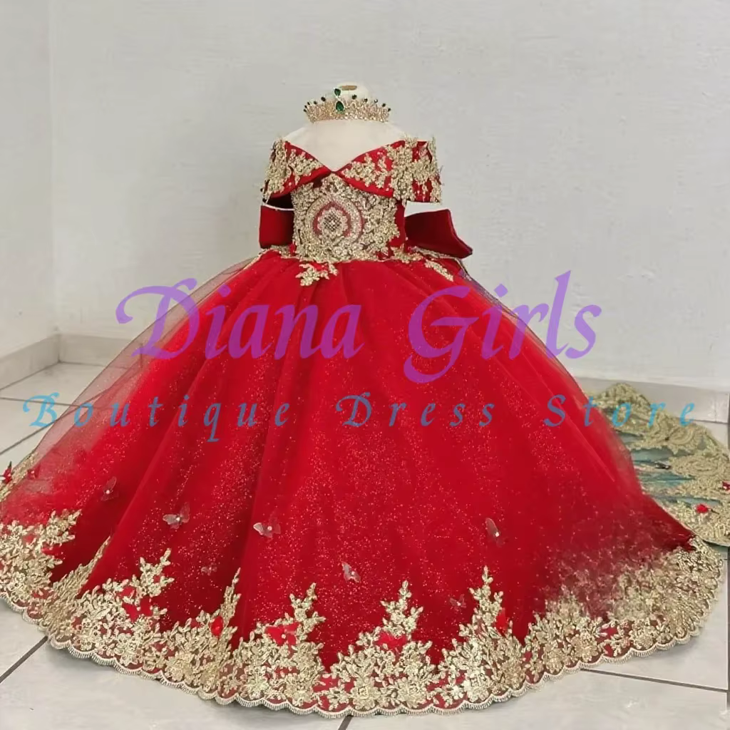 Robe de soirée en tulle moelleux pour petite fille, robe de demoiselle d'honneur verte, appliques dorées, fête d'anniversaire, robe personnalisée, qualité magnifique