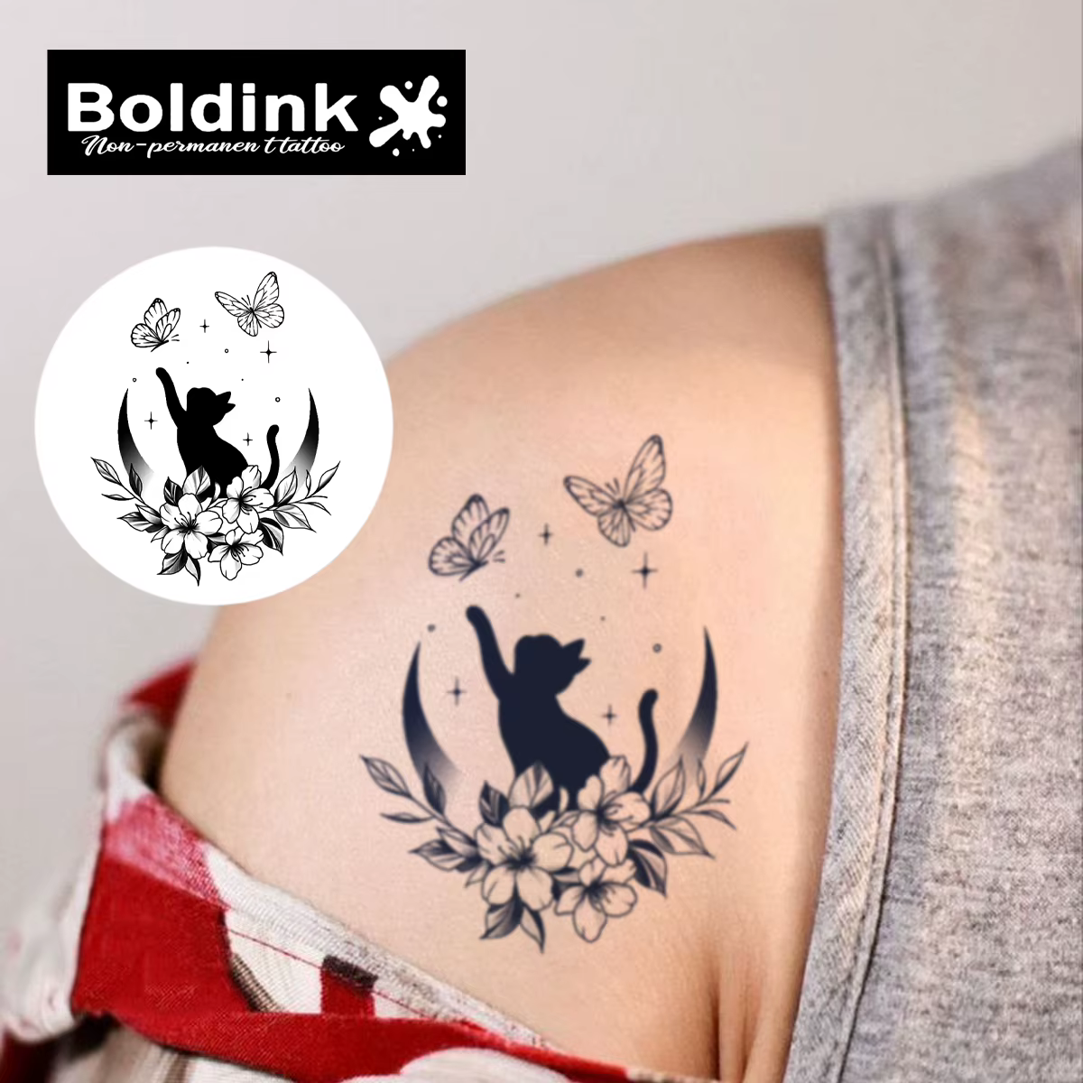 BOLDINK exquis chat papillon fleur broderie tatouage autocollants à la mode polyvalent imperméable Durable jusqu'à 2 semaines