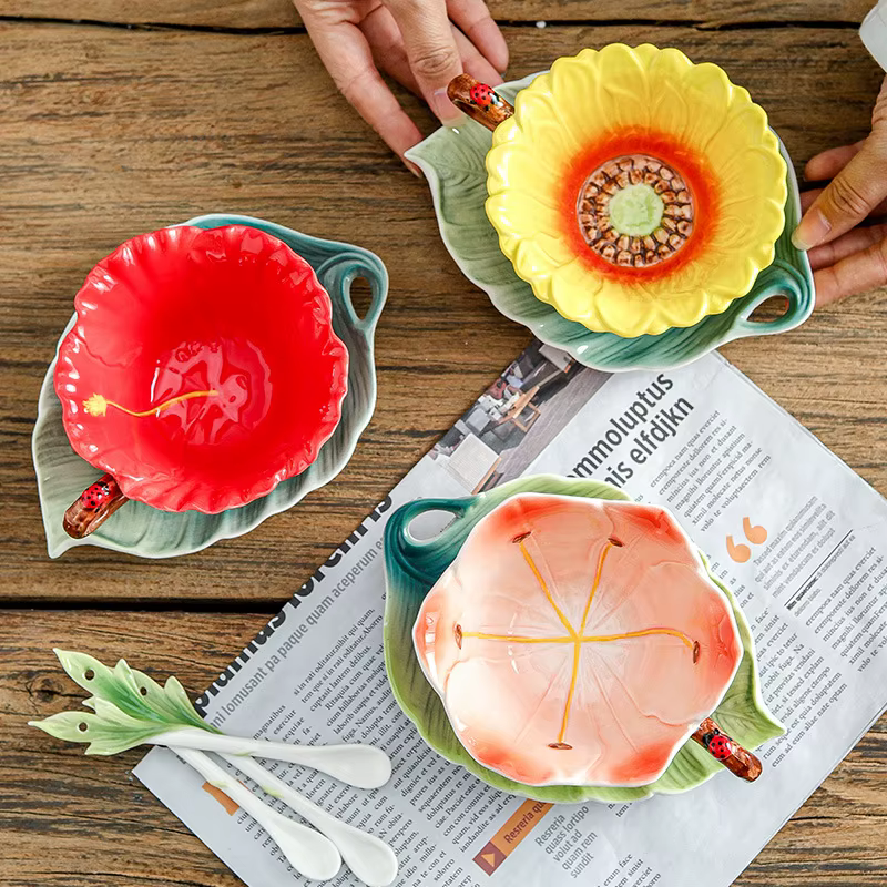 Tasse à fleur de soleil de 180ML, ensemble de soucoupes pour Couple européen, thé de l'après-midi, café, maison, bureau, tasse à thé en céramique, ensemble de boissons, cadeau de mariage