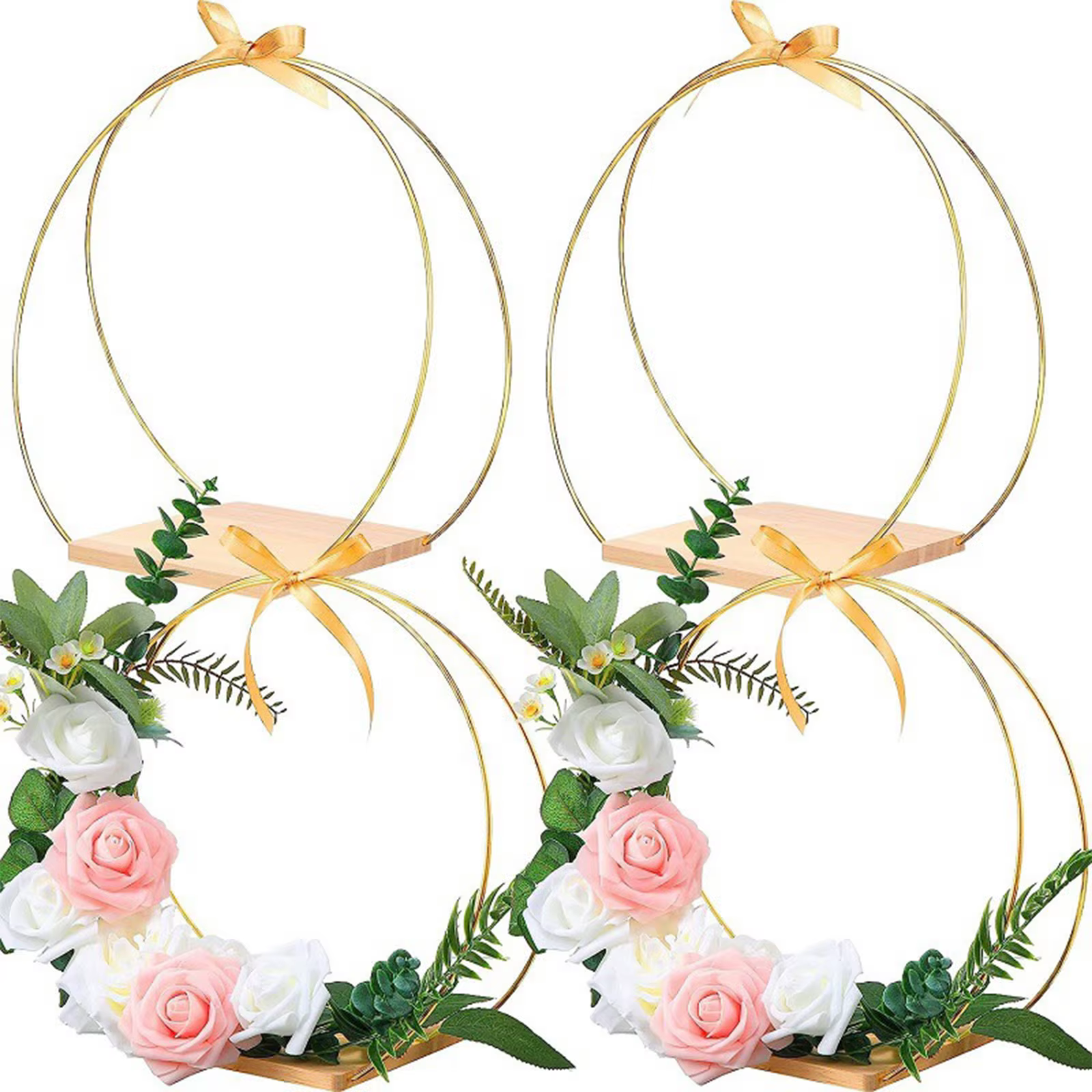Pièce maîtresse de cerceau floral en métal avec support en bois
