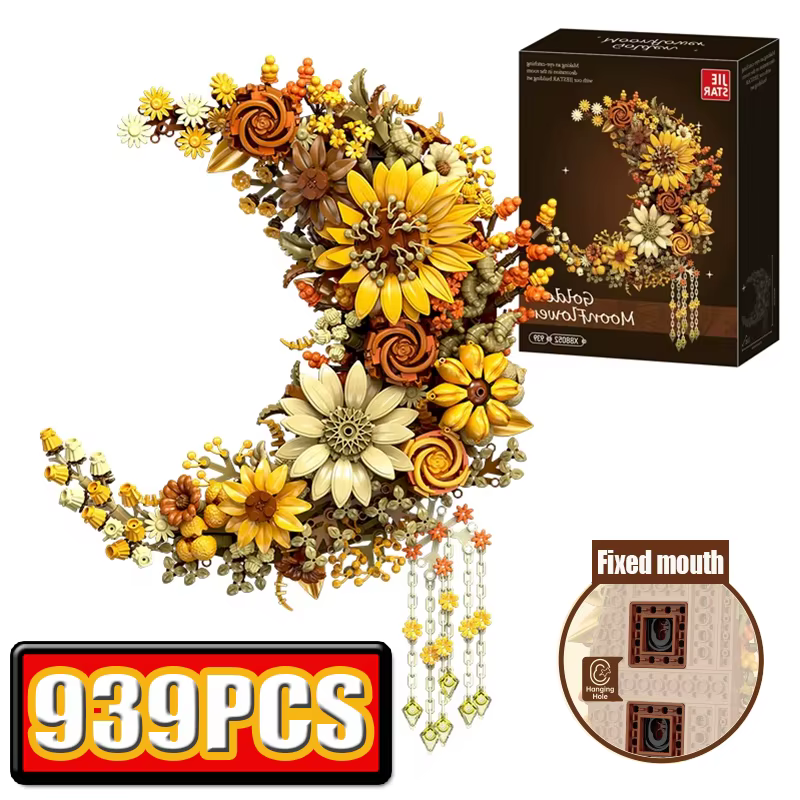 Ensemble de blocs de construction Lune Dorée et Fleurs (939 pièces) – Décoration murale créative