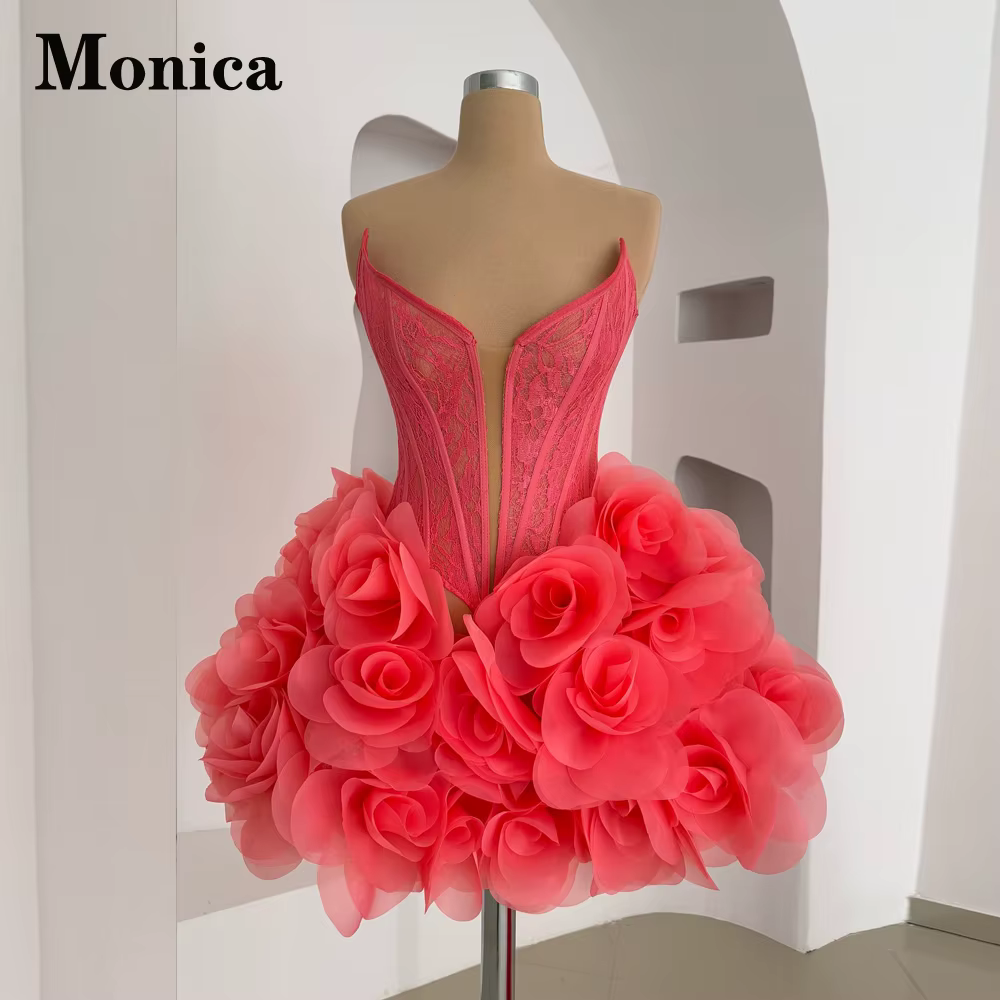 MONICA à la mode 3D fleurs robes De Cocktail courtes pour les adolescents col en v dentelle à lacets a-ligne robes De Formatura personnalisé Plus
