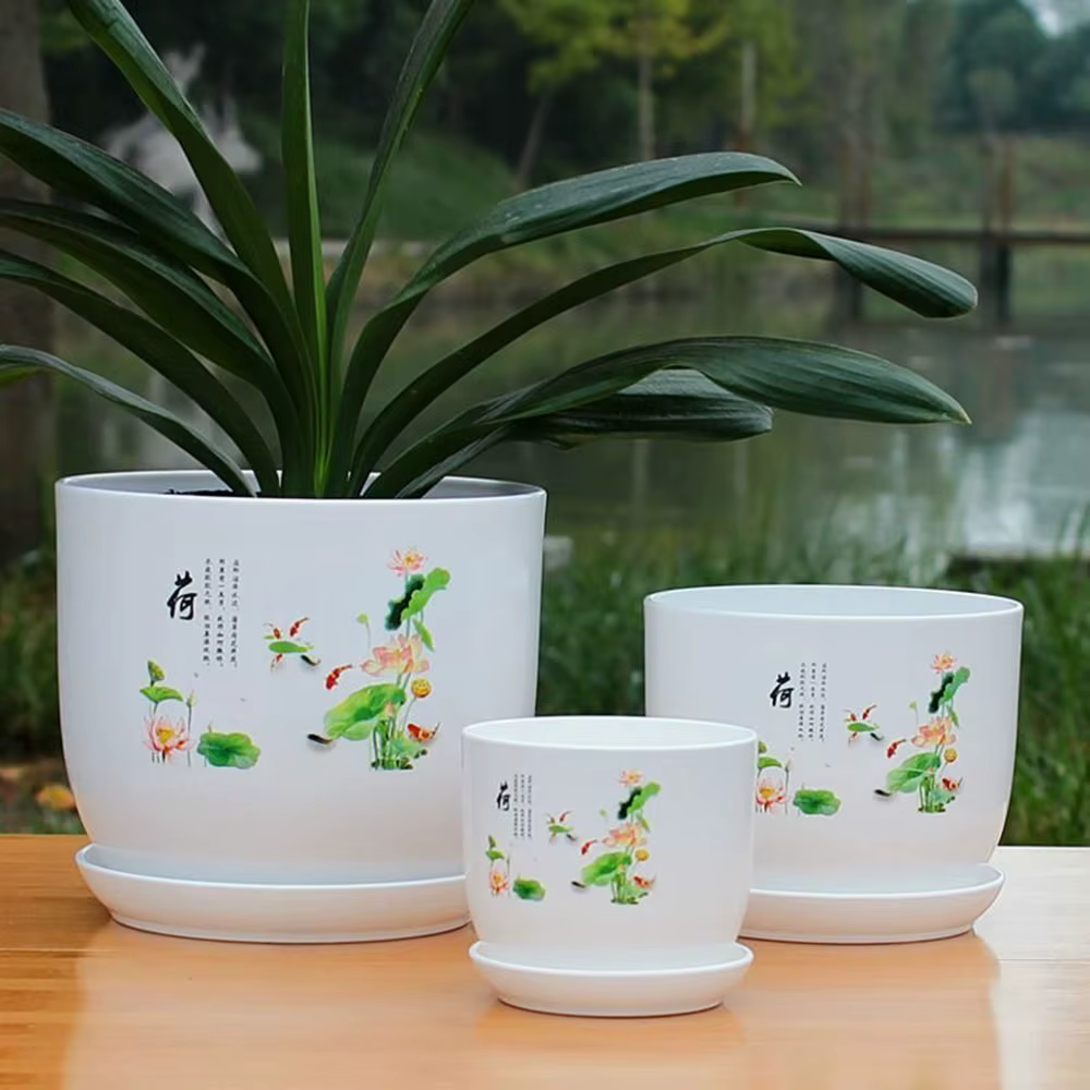 Pot de fleurs en plastique extra large blanc avec plateau