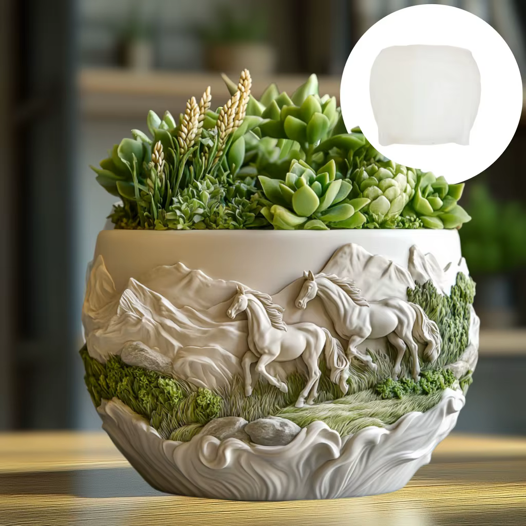 Étalon de course en relief plante succulente pot de fleurs résine silicone moule prairie cheval de guerre boîte de