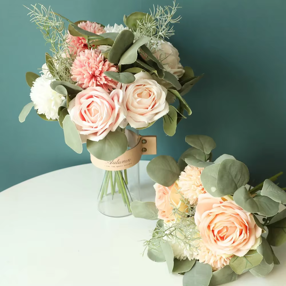 Mélange d'aloès vert Roses d'eucalyptus fleurs artificielles Bouquets de plantes vertes décor à la maison soie fausse