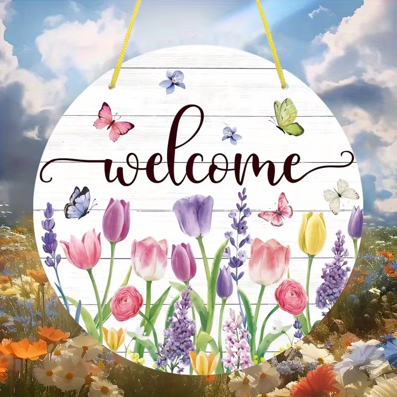 1 pièce, Panneau de bienvenue floral d'été en bois à suspendre
