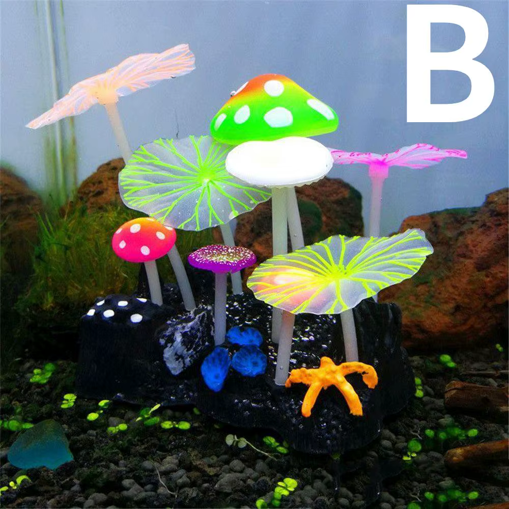 Plantes artificielles pour Aquarium, 9 pièces, décorations pour Aquarium, eau, herbe, Lotus, champignons, ornements fluorescents, décoration de paysage pour la maison